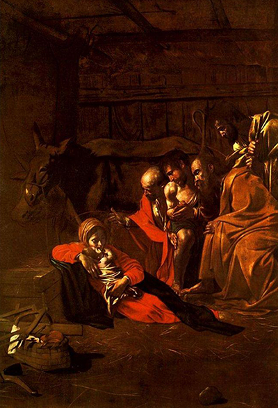 Mary rests with the infant Jesus as shepherds and Joseph gather in Caravaggio’s Messina Adoration of the Shepherds.