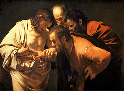 Thomas places a finger near Christ’s side while two other apostles lean in to watch.