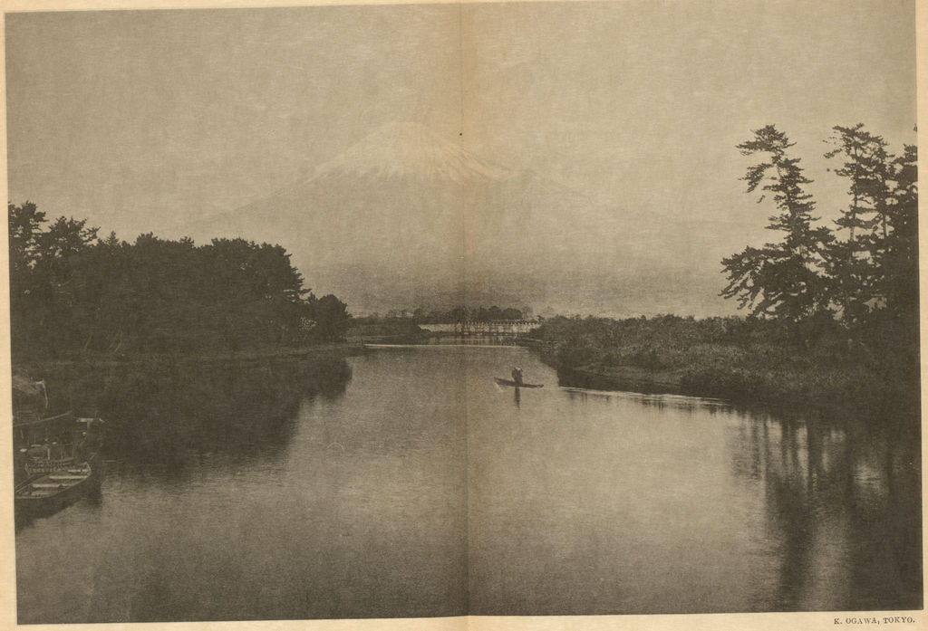 Late nineteenth-century photomechanical view of Mount Fuji from Tagonoura, with river and small craft