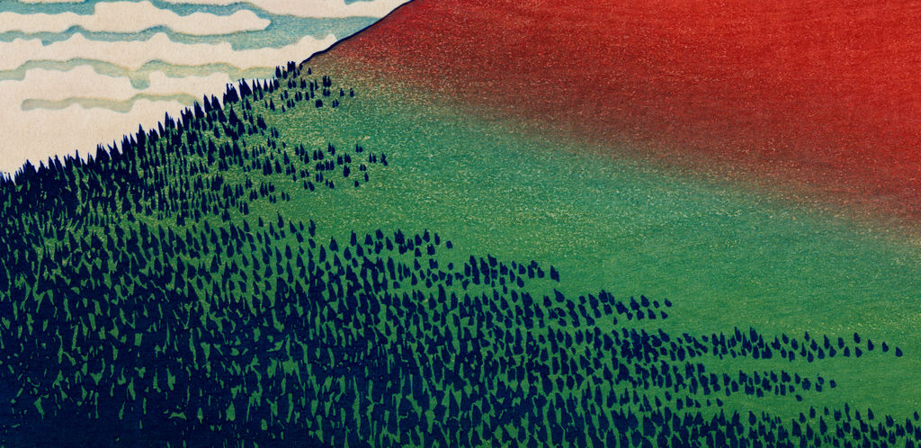 Tiny trees detail cropped from Hokusai’s Red Fuji