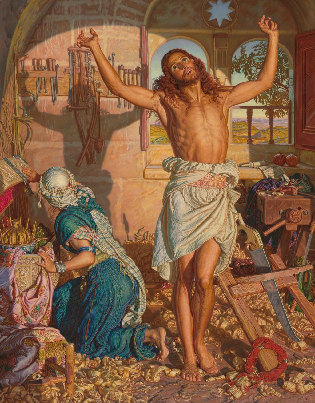 Chicago's oil-on-panel version of The Shadow of Death, showing Jesus stretching in the carpenter's workshop while Mary kneels at left